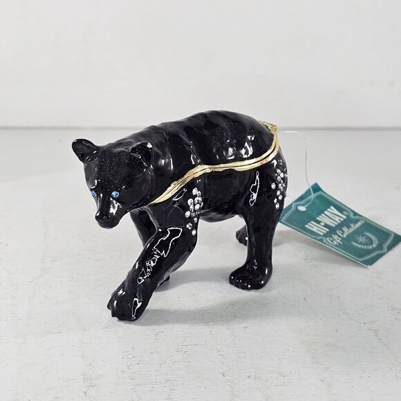 Black Bear Trinket Box Hinged Bejeweled Enameled Magnet Closure - Picture 2 of 9